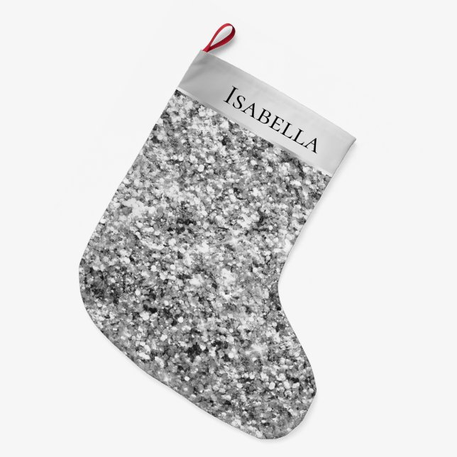 Calcetín Navideño Grande Nombre del Purpurina de esparkle plateado Glitzy (Frente (Colgado))