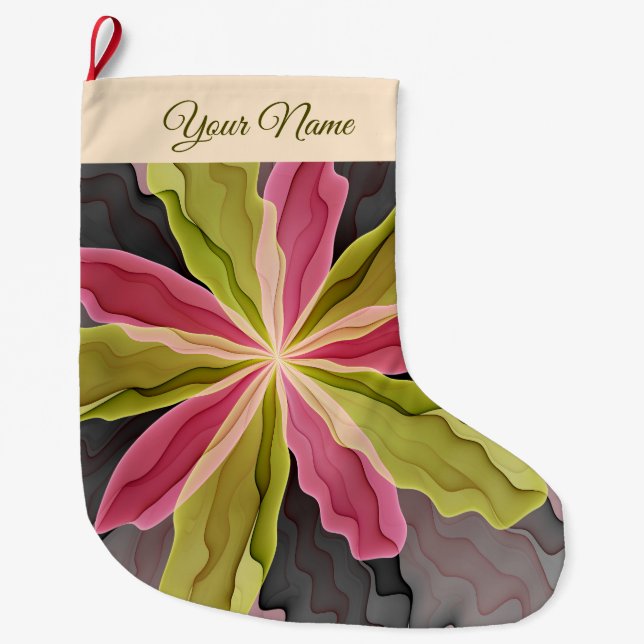 Calcetín Navideño Grande Nombre fractal de la flor de la antracita verde ro (Anverso)