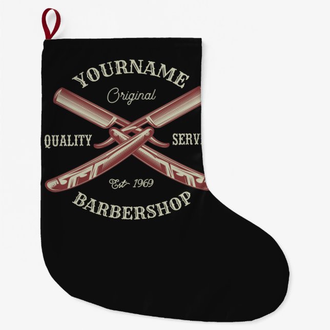 Calcetín Navideño Grande NOMBRE personalizado Barber Straight Razor Barbers (Anverso)