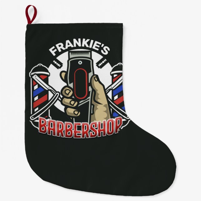 Calcetín Navideño Grande NOMBRE personalizado Barbería de retro de barbería (Anverso)