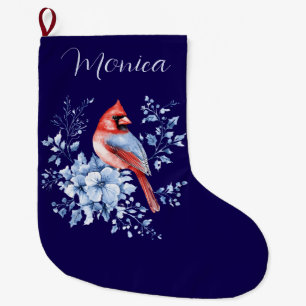 Calcetín Navideño Grande Nombre personalizado Cardinal Redbird Chinoiserie