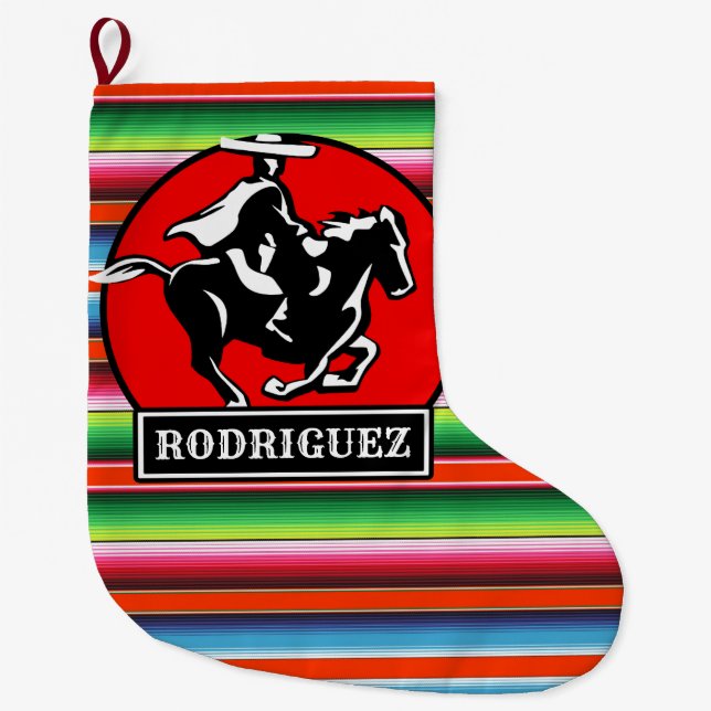 Calcetín Navideño Grande NOMBRE Personalizado Carro Caballo Serape Español  (Anverso)