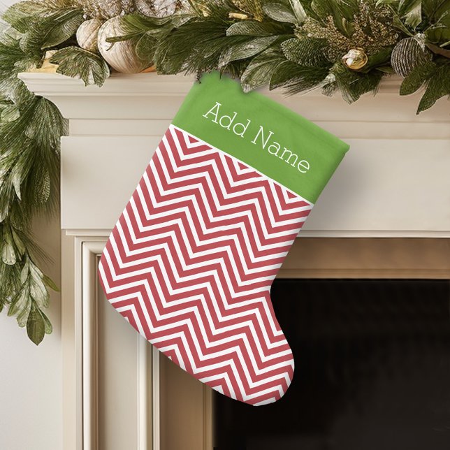 Calcetín Navideño Grande Nombre personalizado de los Chevrons rojo y blanco (Personalized Christmas Stocking)