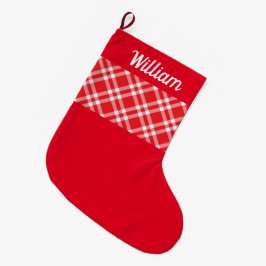 Calcetín Navideño Grande Nombre personalizado de Red Plaid ruso