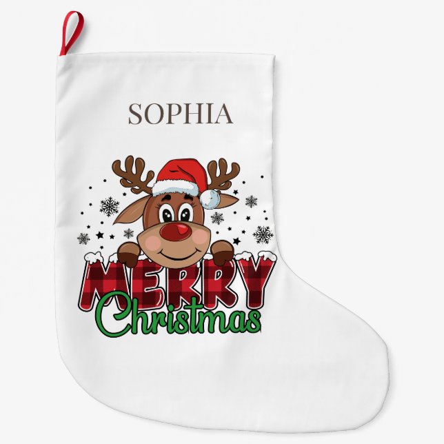 Calcetín Navideño Grande Nombre personalizado de reno de navidad blanca (Anverso)