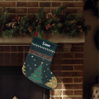 Calcetín Navideño Grande Nombre personalizado - Estilo de punto nostálgico