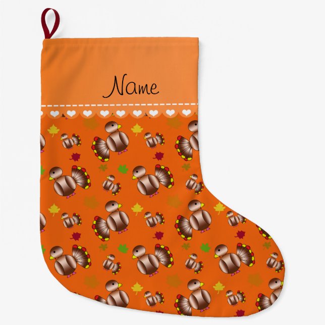 Calcetín Navideño Grande Nombre personalizado hojas de pavo naranja (Anverso)