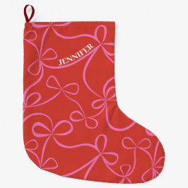 Calcetín Navideño Grande Nombre personalizado lazo de cinta rosa y rojo Pat