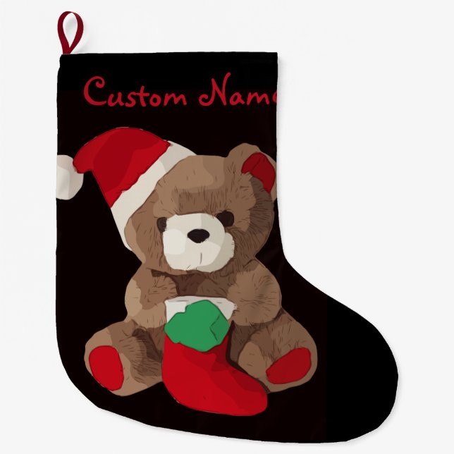 Calcetín Navideño Grande Nombre personalizado lindo del oso de peluche (Anverso)