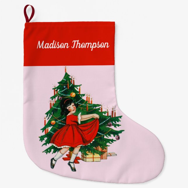 Calcetín Navideño Grande Nombre personalizado Navidades retro Chica Navidad (Anverso)
