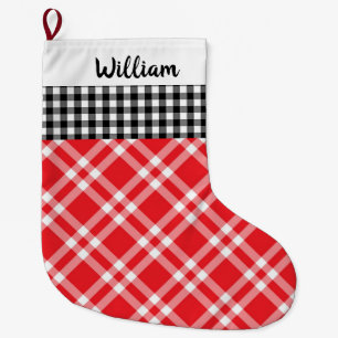 Calcetín Navideño Grande Nombre personalizado negro y rojo de búfalo ruso