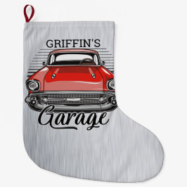 Calcetín Navideño Grande NOMBRE personalizado Retro Red Classic Car Garage