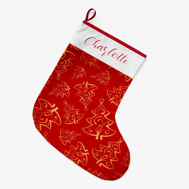 Calcetín Navideño Grande Nombre personalizado rojo y dorado (Frente (Colgado))
