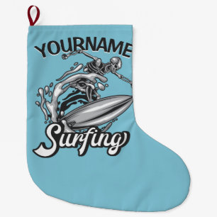 Calcetín Navideño Grande NOMBRE Personalizado Surfista Big Wave Skeleton Su