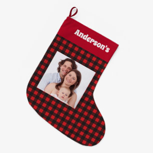 Calcetín Navideño Grande Nombre rojo de la foto de familia del modelo del