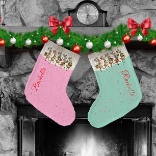 Calcetín Navideño Grande Nombre rosa marchando Navidades quirosos renos