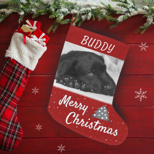 Calcetín Navideño Grande Nombre y foto del Mascota del perro rojo festivo (Subido por el creador)