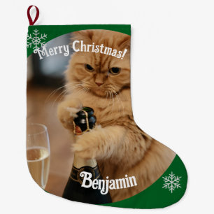 Calcetín Navideño Grande Nombres de fotos de gato jengibre personalizados