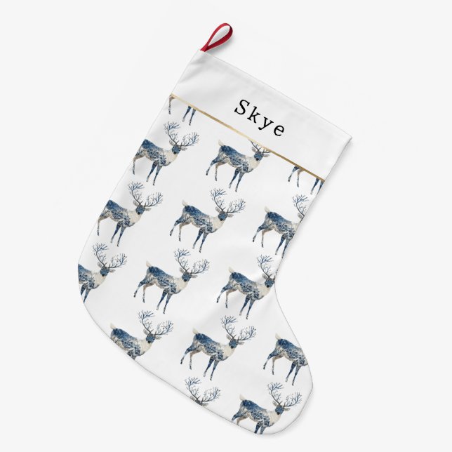 Calcetín Navideño Grande Nordic Blue White Deer Christmas (Frente (Colgado))