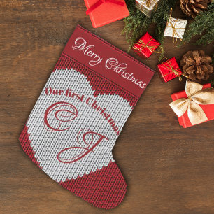 Calcetín Navideño Grande Nuestro Primer Navidad Rojo Lana Tejido Corazón Mo