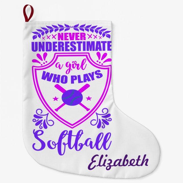 Calcetín Navideño Grande Nunca Subestimes A Un Chica Que Juega Softball (Anverso)