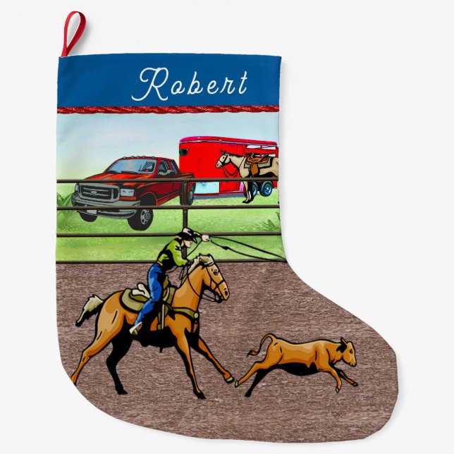 Calcetín Navideño Grande Oeste Rodeo Cowboy Calf Roping (Anverso)