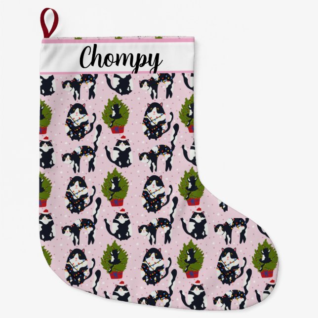 Calcetín Navideño Grande ¡Oh! El gato está en el árbol (Anverso)