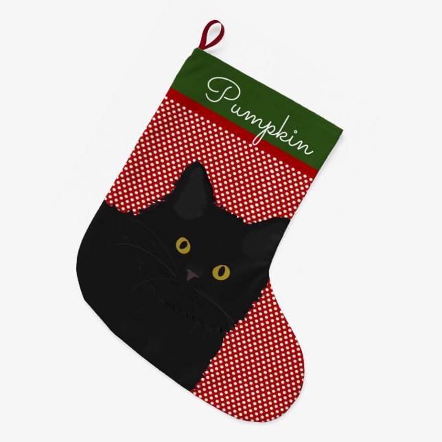 Calcetín Navideño Grande Ojos amarillos de gato negro personalizados (Frente (Colgado))