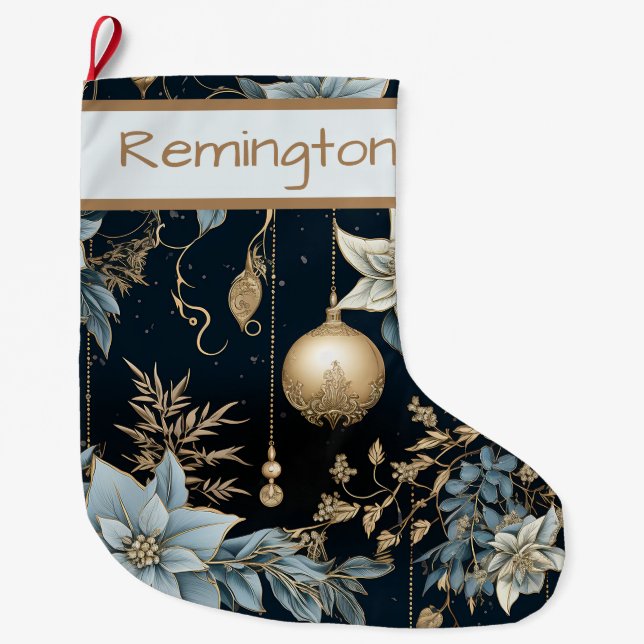 Calcetín Navideño Grande Ornamentos de Navidad azules y dorados Poinsettias (Anverso)