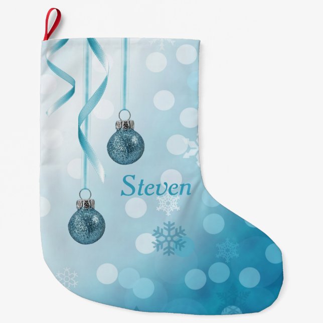 Calcetín Navideño Grande Ornamentos navideños de Blue Faux Purpurina (Anverso)