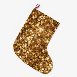 Calcetín Navideño Grande Oro Glitz Glam Brillo Corazones