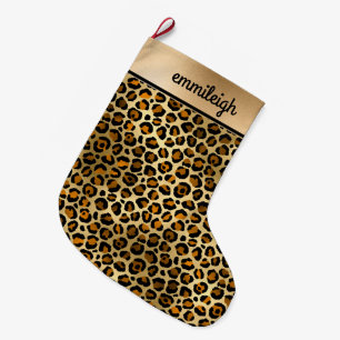 Calcetín Navideño Grande Oro Negro Cheetah Leopardo Monograma Navidad