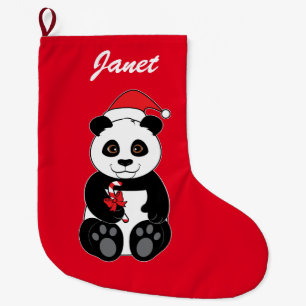 Calcetín Navideño Grande Oso de panda Snacking en el bastón de caramelo