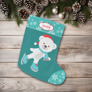 Calcetín Navideño Grande Oso de patinaje con copo de nieve azulado lindo