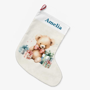 Calcetín Navideño Grande Oso de peluche con regalo de Navidad