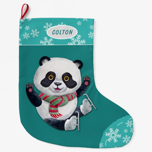 Calcetín Navideño Grande Oso Panda de Patinaje sobre hielo verde azulado co (Anverso)