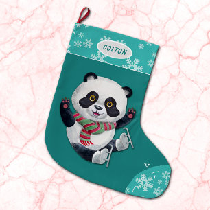 Calcetín Navideño Grande Oso Panda Patinando sobre Hielo con Copo de Nieve