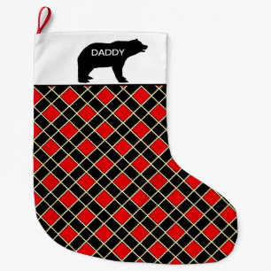 Calcetín Navideño Grande Oso papá elegante en patrón de diamante negro y ro