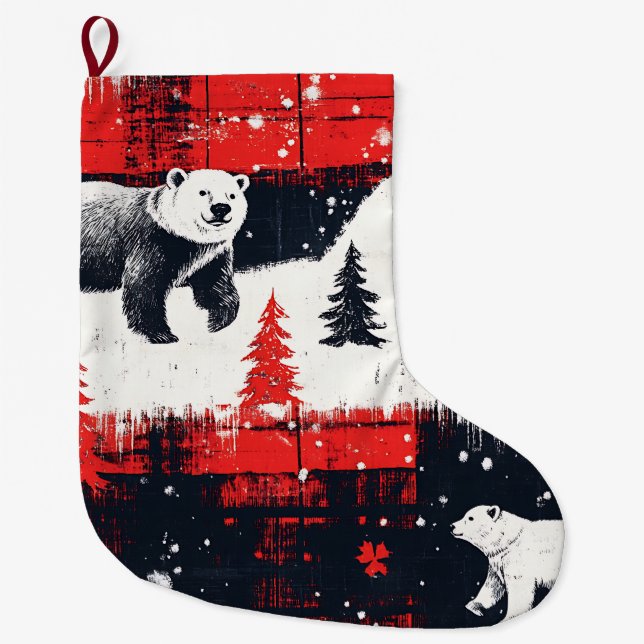 Calcetín Navideño Grande Oso Polar de Búfalo Rojo (Anverso)