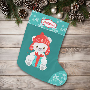 Calcetín Navideño Grande Oso polar del copo de nieve verde azulado