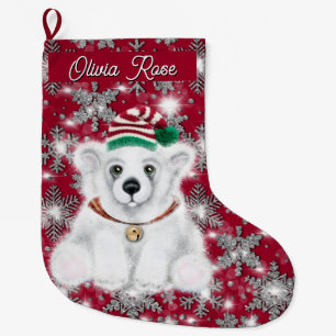 Calcetín Navideño Grande Oso polar festivo y adorable con copos de nieve br