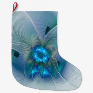 Calcetín Navideño Grande Ovaciones de pie, fractal azul turquesa abstracto