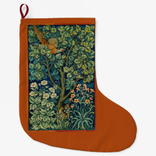 Calcetín Navideño Grande Pájaro Faisán en un Árbol (por William Morris)