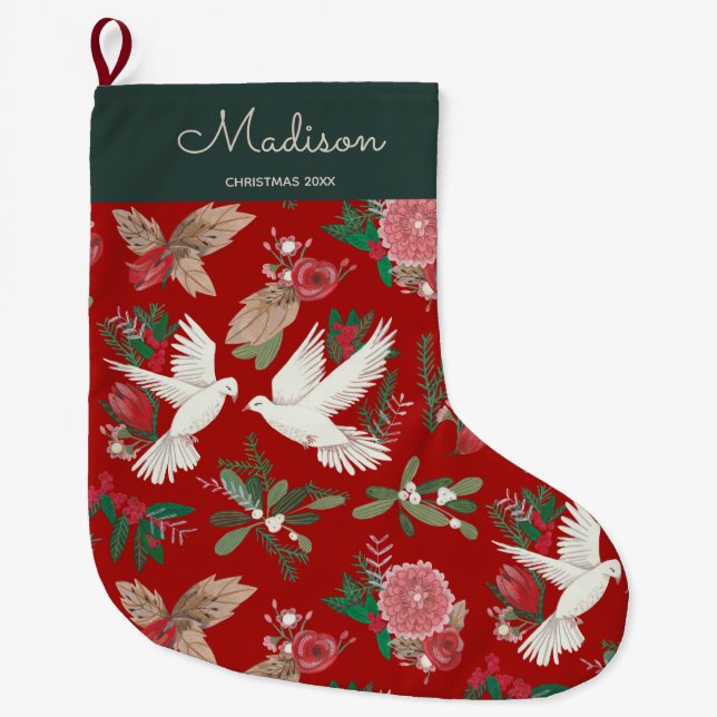 Calcetín Navideño Grande Palomas florales de Navidad (Anverso)