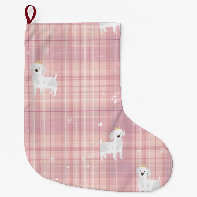 Calcetín Navideño Grande Pastel Pink Puppy Christmas Stocking with Crowns (Anverso)