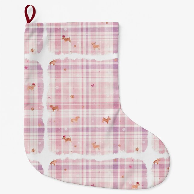 Calcetín Navideño Grande Pastel Pink Puppy Christmas Stocking with Crowns (Anverso)