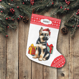 Calcetín Navideño Grande Pastor Alemán Cachorro de nieve Santa Hat