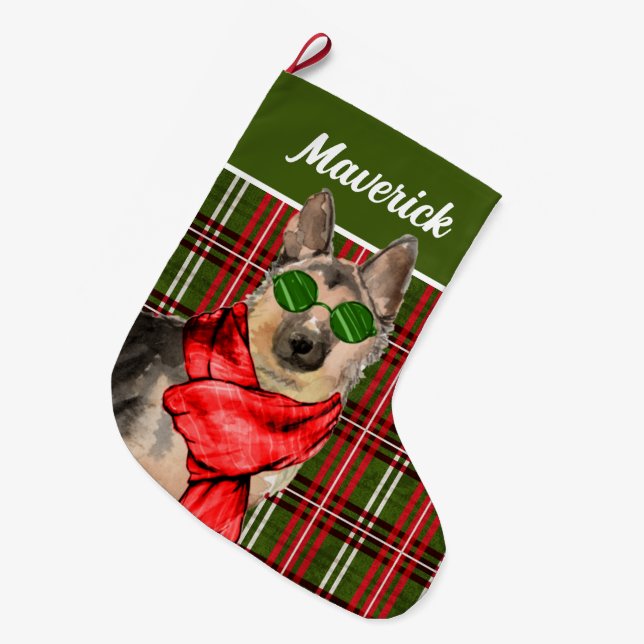 Calcetín Navideño Grande Pastor alemán y vestido con el nombre de perro Gra (Frente (Colgado))