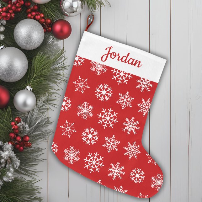 Calcetín Navideño Grande Patrón clásico de copo de nieve rojo y blanco pers (Classic Red & White Snowflake Pattern Personalized Large Christmas Stocking)
