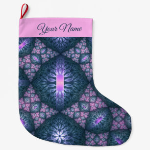 Calcetín Navideño Grande Patrón de arte fractal 3D Turquesa Purpura Rosa No